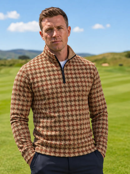 Golf-Pullover mit Hahnentrittmuster in Beige, Rostbraun und Olivgrün und Viertelreißverschluss aus Funktionsmaterial