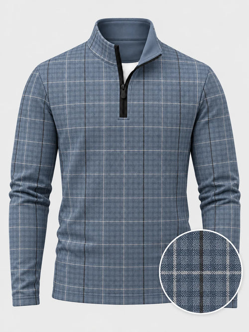 Golf-Pullover mit Viertelreißverschluss und Fensterkaromuster in gedecktem Blau