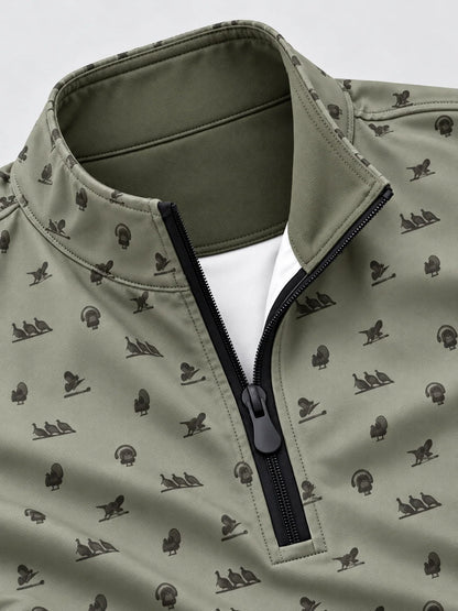Performance-Golfpullover in Salbeigrün mit Truthahnmuster und Viertelreißverschluss