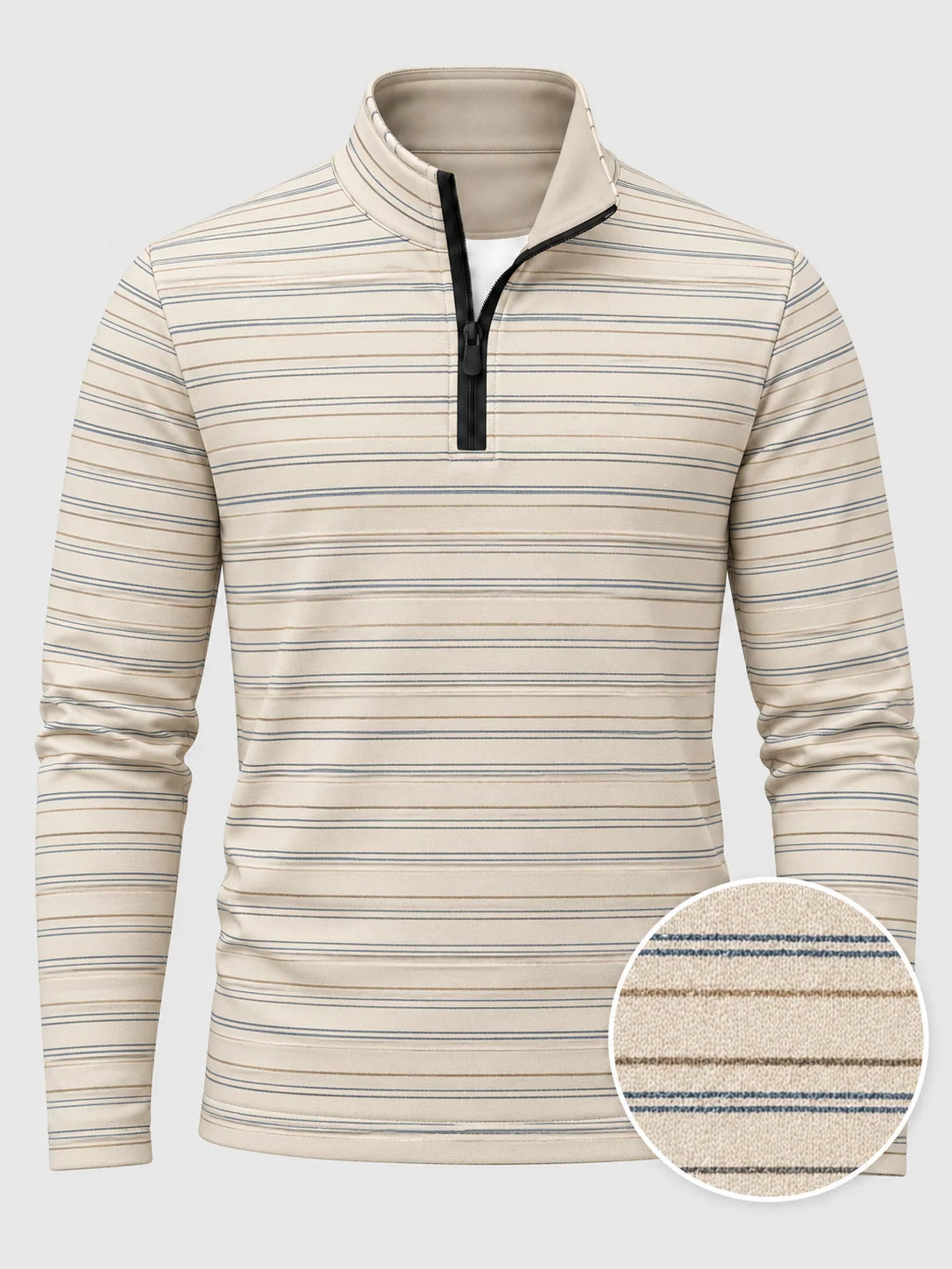 Cremefarbener Golf-Pullover mit feinem Streifenmuster und Viertelreißverschluss