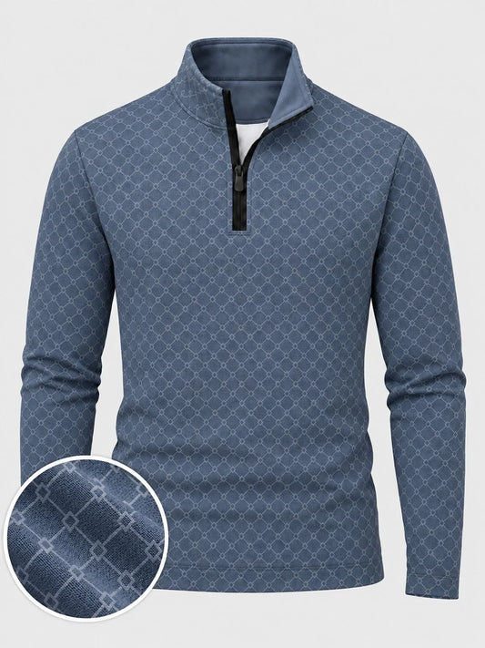 Staubblauer Golf-Pullover aus Funktionsmaterial mit Rautengittermuster und Viertelreißverschluss