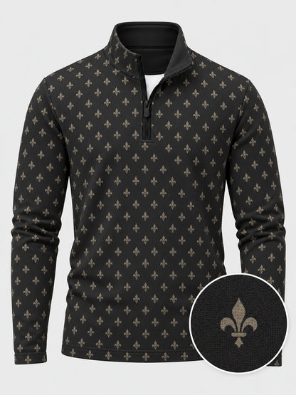 Golfpullover mit Lilienornament-Muster in Obsidianschwarz, Funktionsmaterial und Viertelreißverschluss