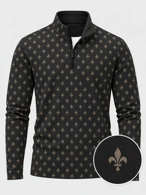 Golfpullover mit Lilienornament-Muster in Obsidianschwarz, Funktionsmaterial und Viertelreißverschluss
