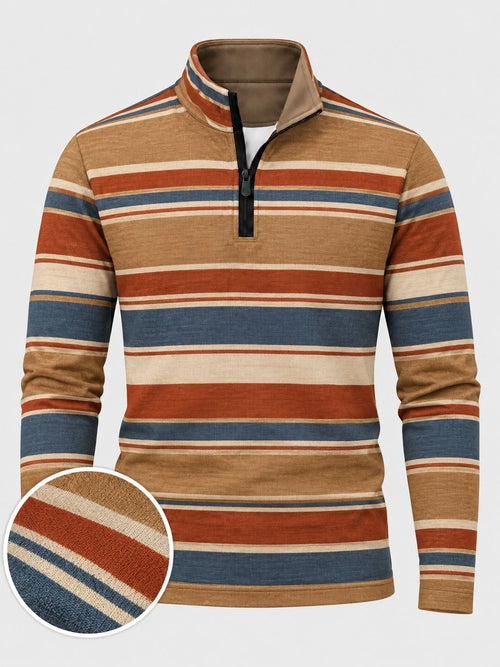Golf-Pullover aus Funktionsmaterial in Kamelbraun mit mehrfarbigem Retro-Streifenmuster und Viertelreißverschluss