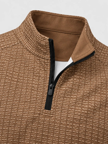 Brauner Performance-Golfpullover mit strukturiertem Muster und Viertelreißverschluss