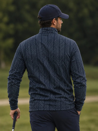 Golfpullover mit Fischgrätmuster in Marineblau, Funktionsmaterial und Viertelreißverschluss