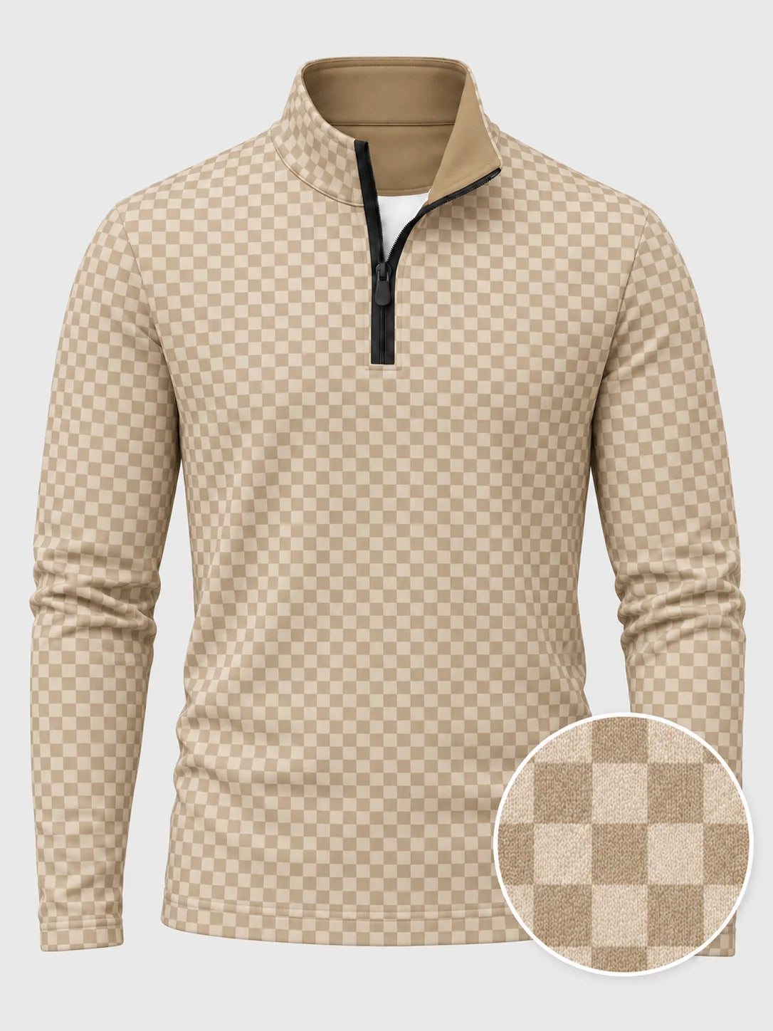 Cremebeiger Golfpullover mit Schachbrettmuster, Funktionsmaterial und Viertelreißverschluss