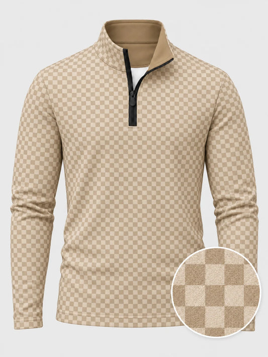 Cremebeiger Golfpullover mit Schachbrettmuster, Funktionsmaterial und Viertelreißverschluss