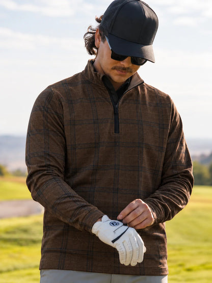 Golf-Pullover mit Viertelreißverschluss und edlem braunem Fensterkaro-Muster aus Funktionsmaterial