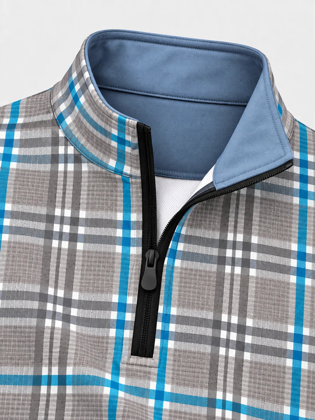 Steingrauer Golf-Pullover mit aquafarbenem Karomuster und Viertelreißverschluss aus Funktionsmaterial