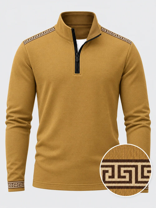 Senfgelber Performance-Pullover mit griechischem Mäandermuster und Viertelreißverschluss
