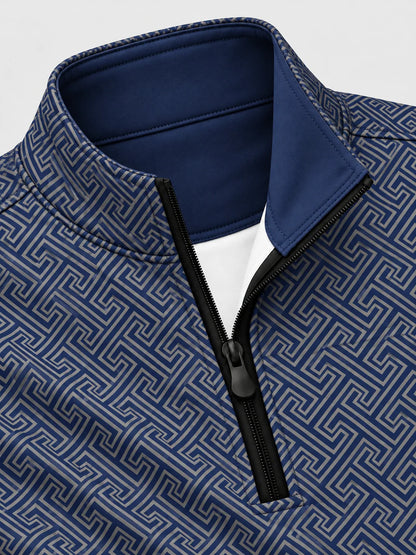 Blauer Performance-Pullover mit griechischem Mäandermuster und kurzem Reißverschluss