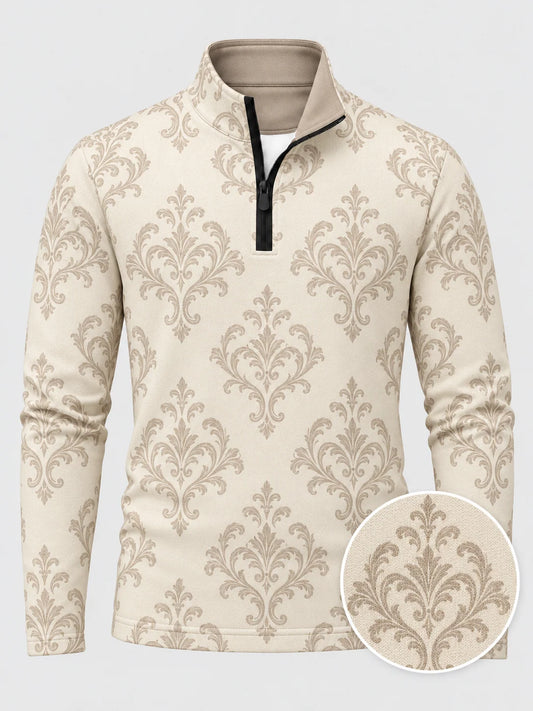 Elfenbeinfarbener Performance-Pullover mit Damastmuster und Viertelreißverschluss