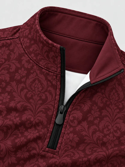 Burgunderroter Golf-Pullover aus Funktionsmaterial mit elegantem Damastmuster und Viertelreißverschluss