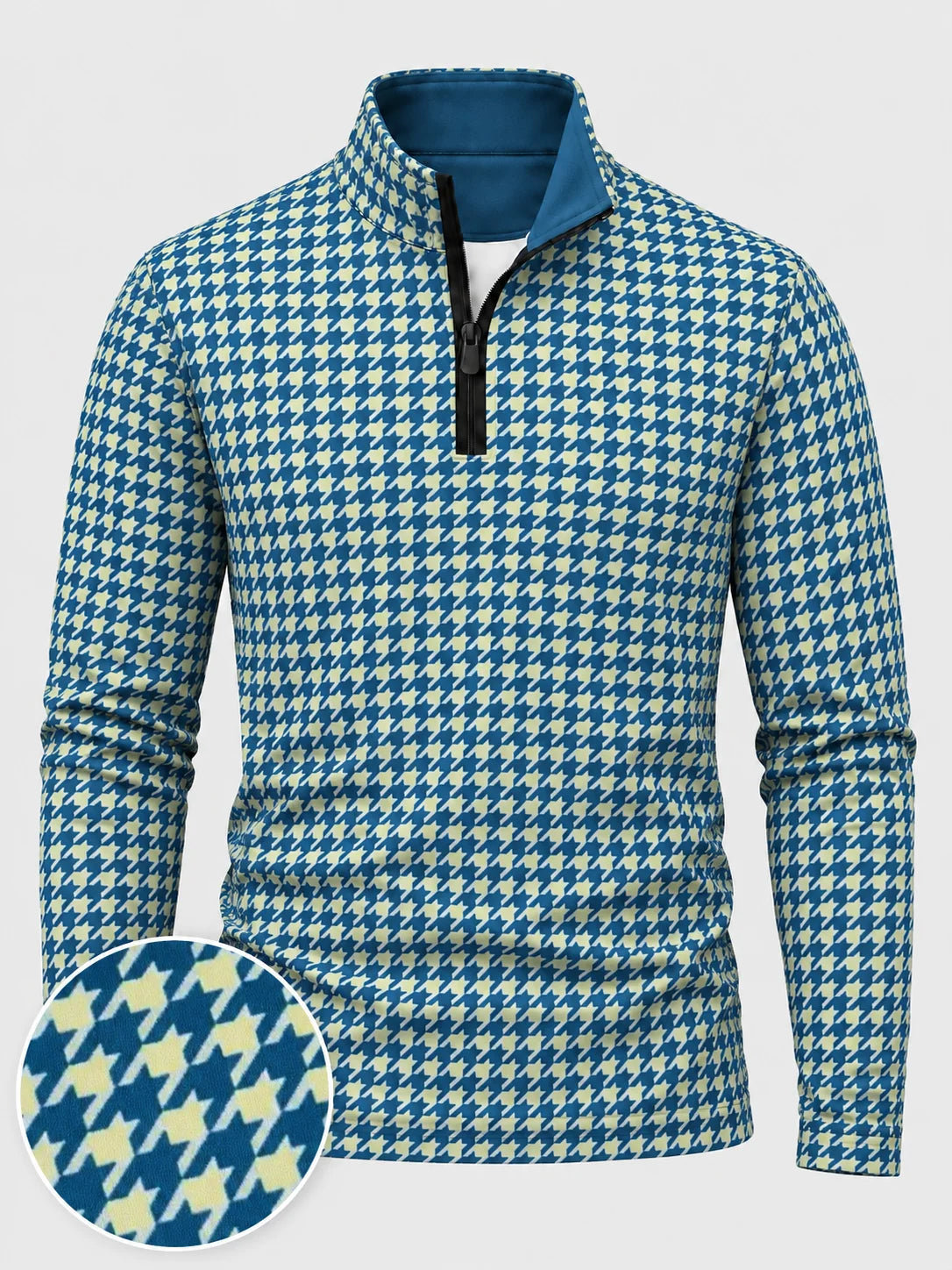 Golf-Pullover mit Viertelreißverschluss und Hahnentrittmuster in Blau