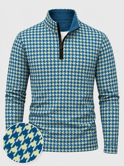 Golf-Pullover mit Viertelreißverschluss und Hahnentrittmuster in Blau