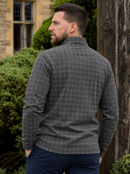 Golf-Pullover aus Funktionsmaterial in Anthrazitgrau mit Vichy-Karomuster und Viertelreißverschluss