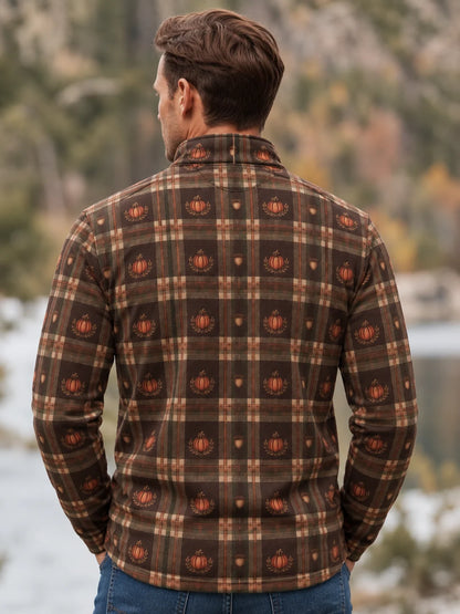 Golfpullover mit Thanksgiving-Kürbis-, Eichel- und Karomuster, Funktionsmaterial und Viertelreißverschluss