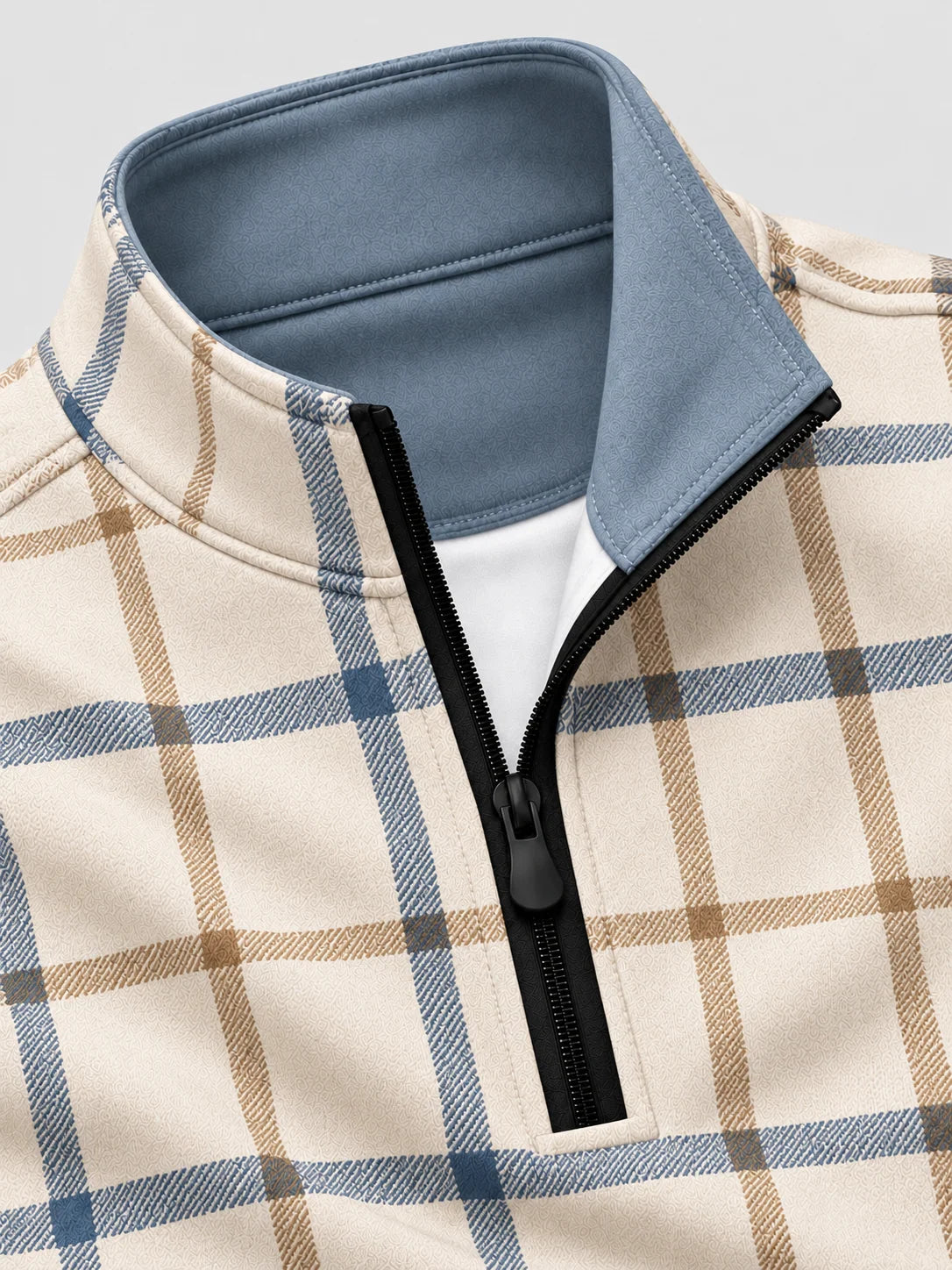 Cremefarbener Golf-Pullover mit Fensterkaromuster und Viertelreißverschluss
