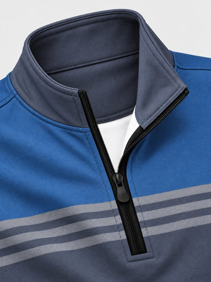 Golf-Pullover in Schieferblau mit Bruststreifen und kurzem Reißverschluss