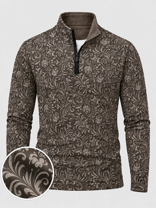 Dunkelbrauner Golfpullover mit floralem Vintage-Print, Funktionsmaterial und Viertelreißverschluss