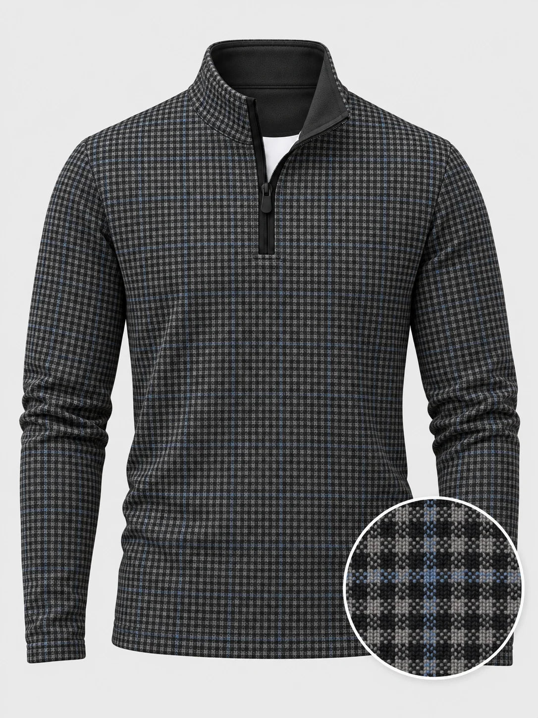 Golf-Pullover mit Viertelreißverschluss und Mikro-Karomuster in Anthrazitblau
