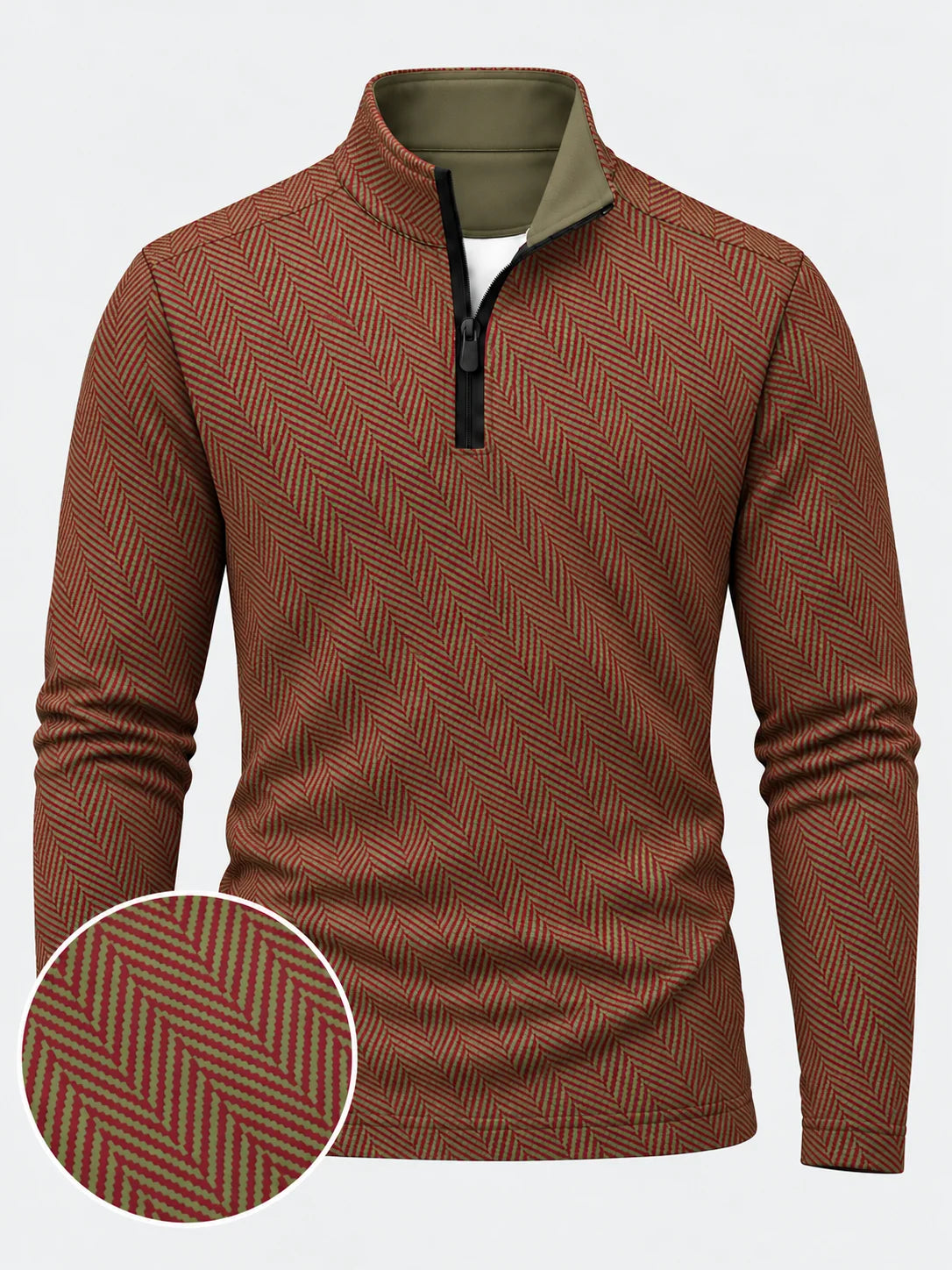 Golfpullover in Burgunderrot und Olivgrün mit Fischgrätmuster und Viertelreißverschluss