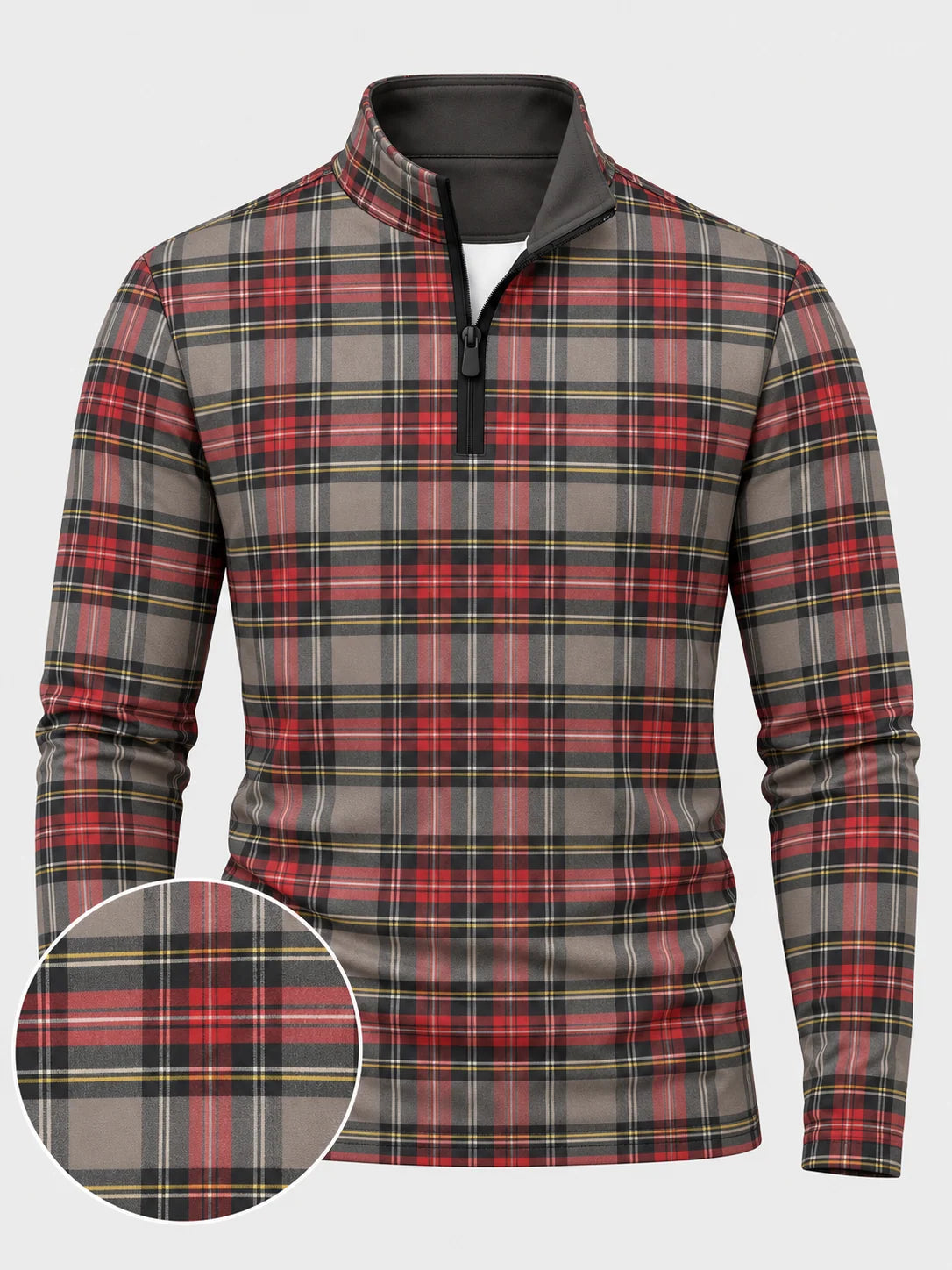 Golfpullover mit rot-grauem Weihnachtstartan und Viertelreißverschluss
