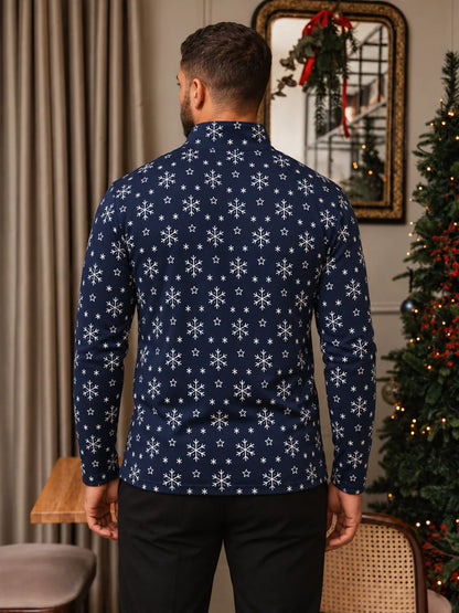 Golfpullover in Marineblau mit weihnachtlichem Schneeflockenmuster und Viertelreißverschluss