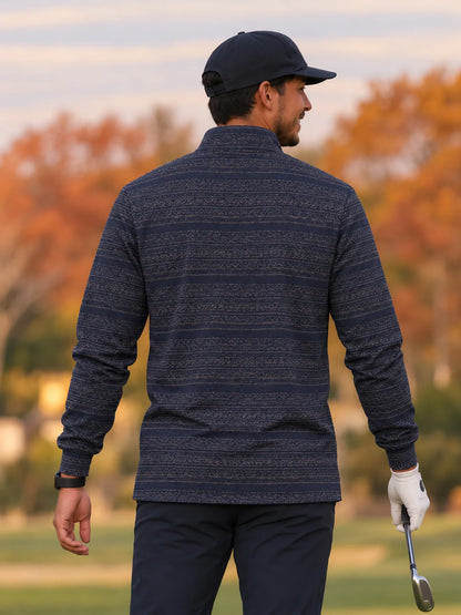 Navyblauer Performance-Pullover mit geometrischem Streifenmuster und kurzem Reißverschluss