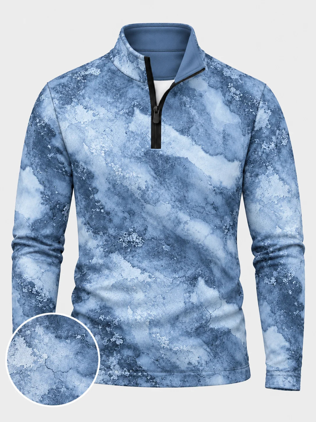 Blauer Performance-Pullover mit Marmormuster und kurzem Reißverschluss