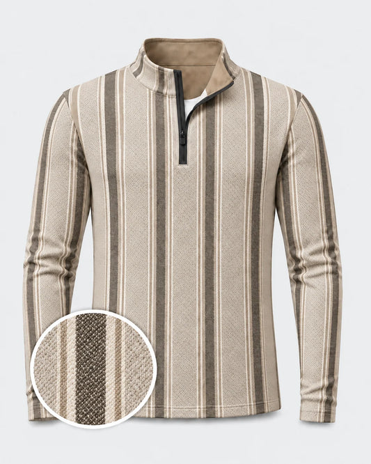 Sandfarbener Quarter-Zip-Pullover mit Streifenmuster