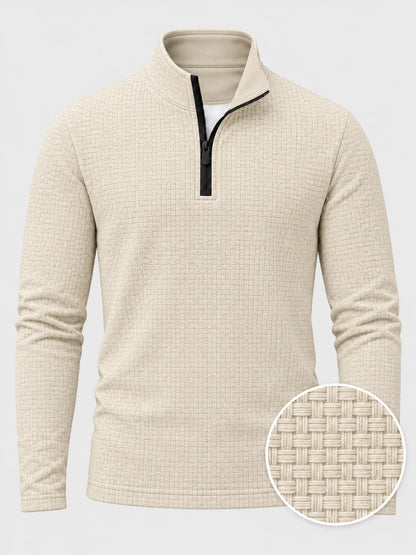 Golfpullover mit Korbgeflechtstruktur in Elfenbein, Funktionsmaterial und Viertelreißverschluss