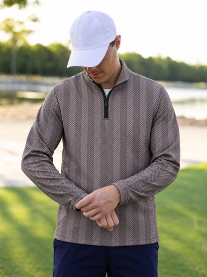 Golf-Pullover in Taupe mit Fischgrätmuster und kurzem Reißverschluss