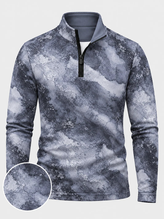 Performance-Pullover in Schieferblau mit Marmormuster und kurzem Reißverschluss