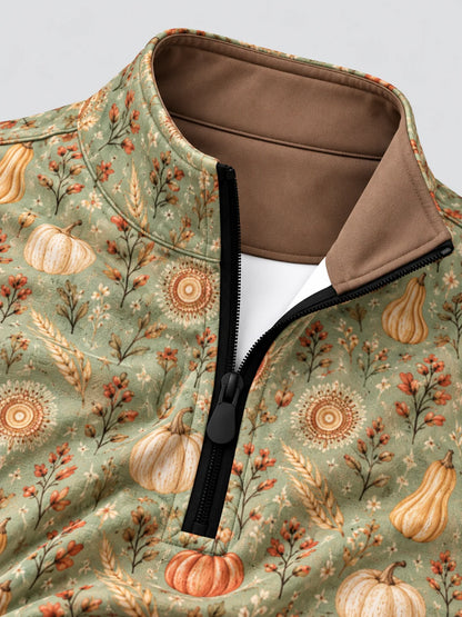 Golf-Pullover mit Viertelreißverschluss in Salbeigrün mit Kürbismotiv