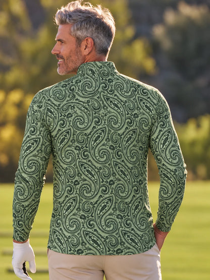 Salbeigrüner Performance-Pullover mit Viertelreißverschluss und Paisley-Muster