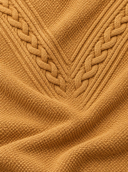 Golf-Pullover mit Viertelreißverschluss und Zopfmuster in Goldbraun- und Kameltönen