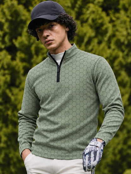 Performance-Golfpullover mit Viertelreißverschluss in Salbeigrün und Wabenmuster