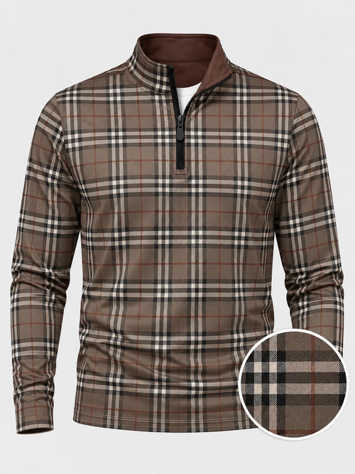 Golf-Pullover mit Karomuster in Taupe, Anthrazit und Rostbraun und Viertelreißverschluss