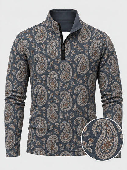 Performance-Pullover in Schieferblau mit floralem Paisley-Muster und kurzem Reißverschluss