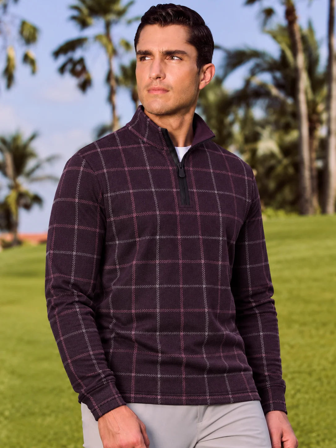 Golf-Pullover mit Viertelreißverschluss und Fensterkaromuster in tiefem Pflaumenton