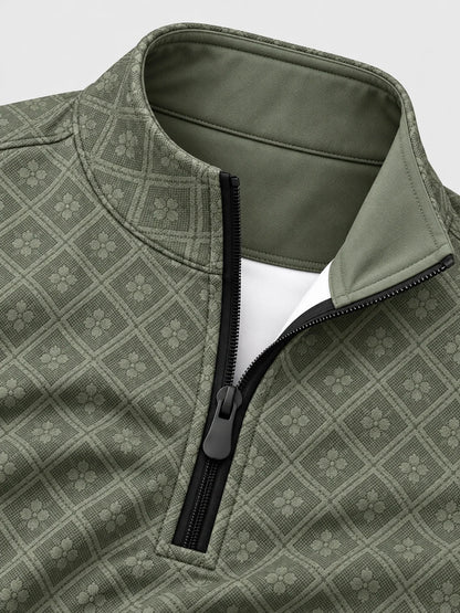 Salbeigrüner Herren-Golf-Pullover mit floralem Rautenmuster und kurzem Reißverschluss