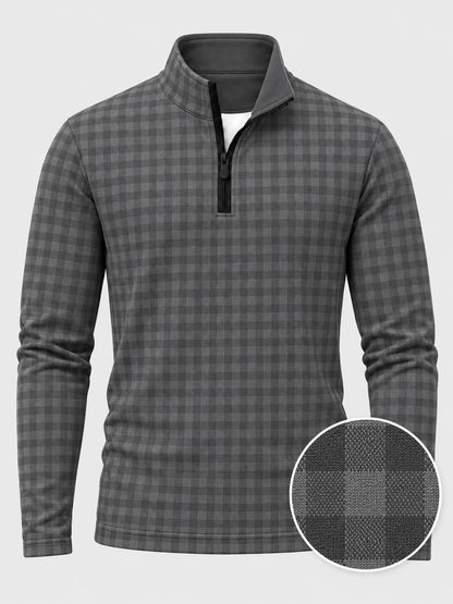 Golf-Pullover aus Funktionsmaterial in Anthrazitgrau mit Vichy-Karomuster und Viertelreißverschluss