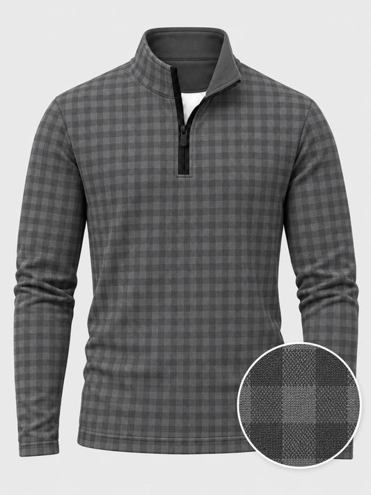 Golf-Pullover aus Funktionsmaterial in Anthrazitgrau mit Vichy-Karomuster und Viertelreißverschluss