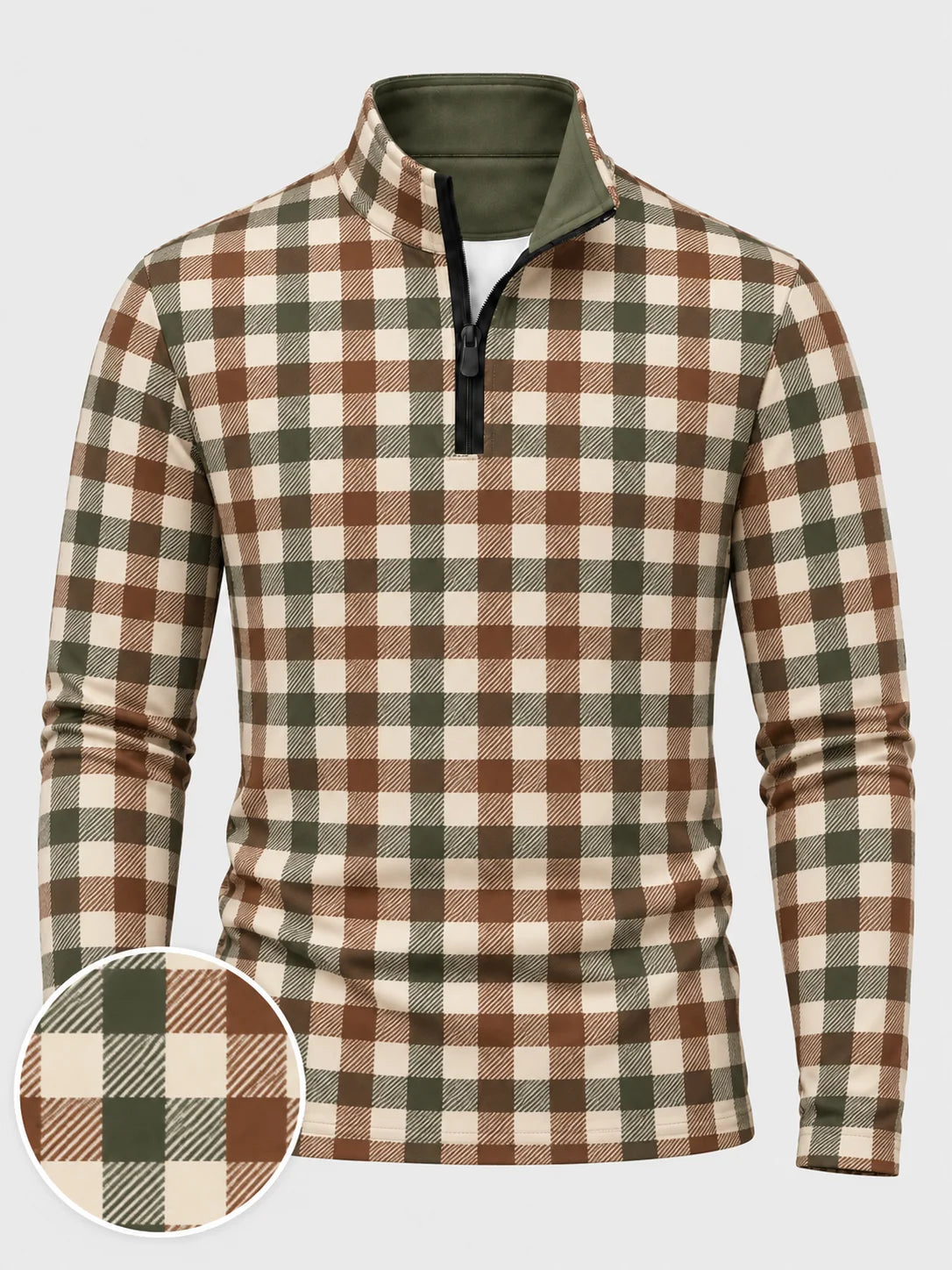 Golf-Pullover in Olivgrün und Braun mit Karomuster und kurzem Reißverschluss
