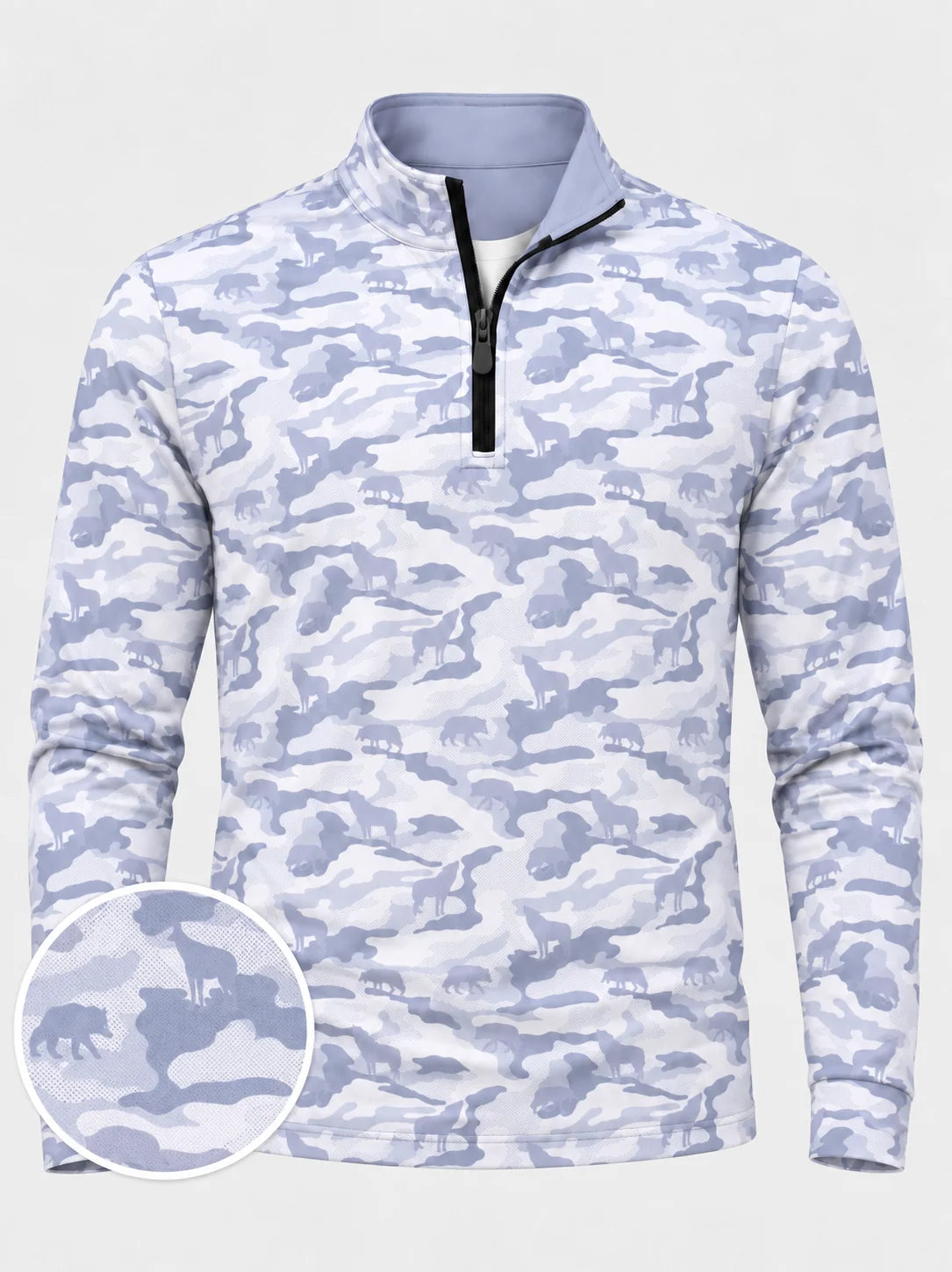 Eisblauer Golf-Pullover mit Schneetarnmuster und Viertelreißverschluss