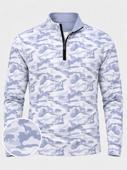 Eisblauer Golf-Pullover mit Schneetarnmuster und Viertelreißverschluss
