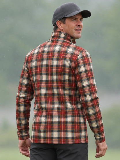 Golf-Pullover mit Karomuster in Karmesinrot, Creme und Schwarz und Viertelreißverschluss aus Funktionsmaterial