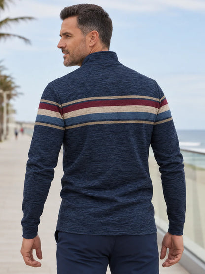 Golf-Pullover aus Funktionsmaterial in meliertem Marineblau mit retro-inspiriertem Bruststreifen und Viertelreißverschluss